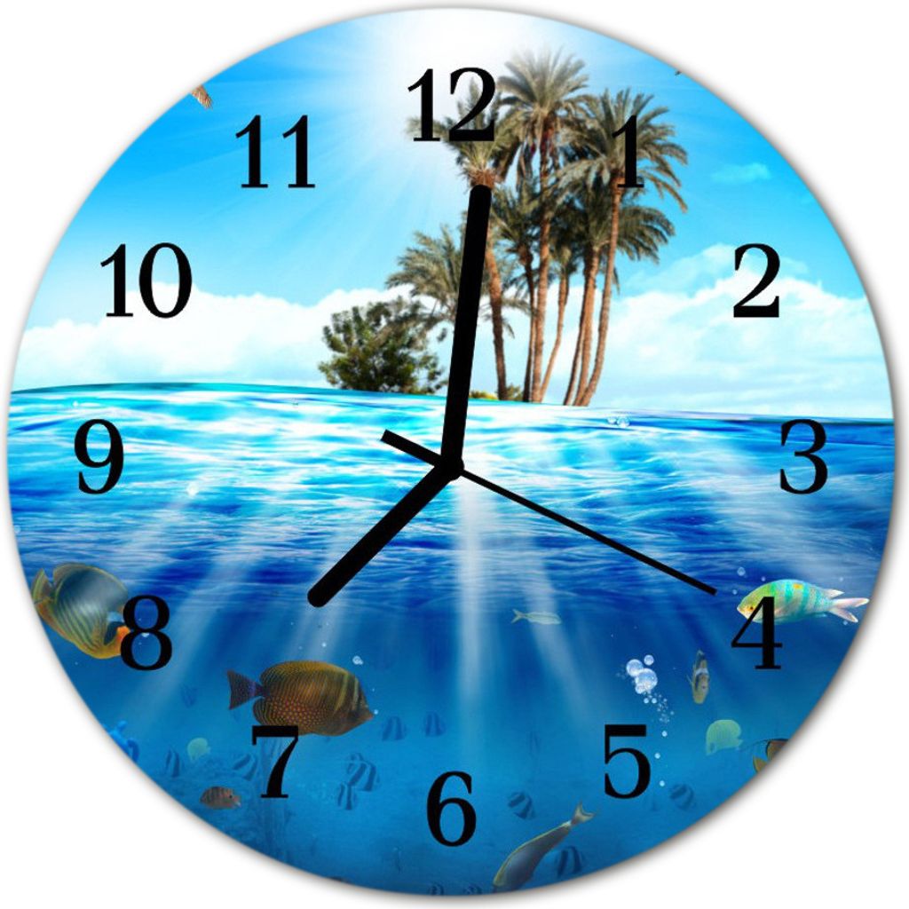 Glasuhr Wanduhr Küchenuhr Echt-Glas 30fi cm Fische Insel blau