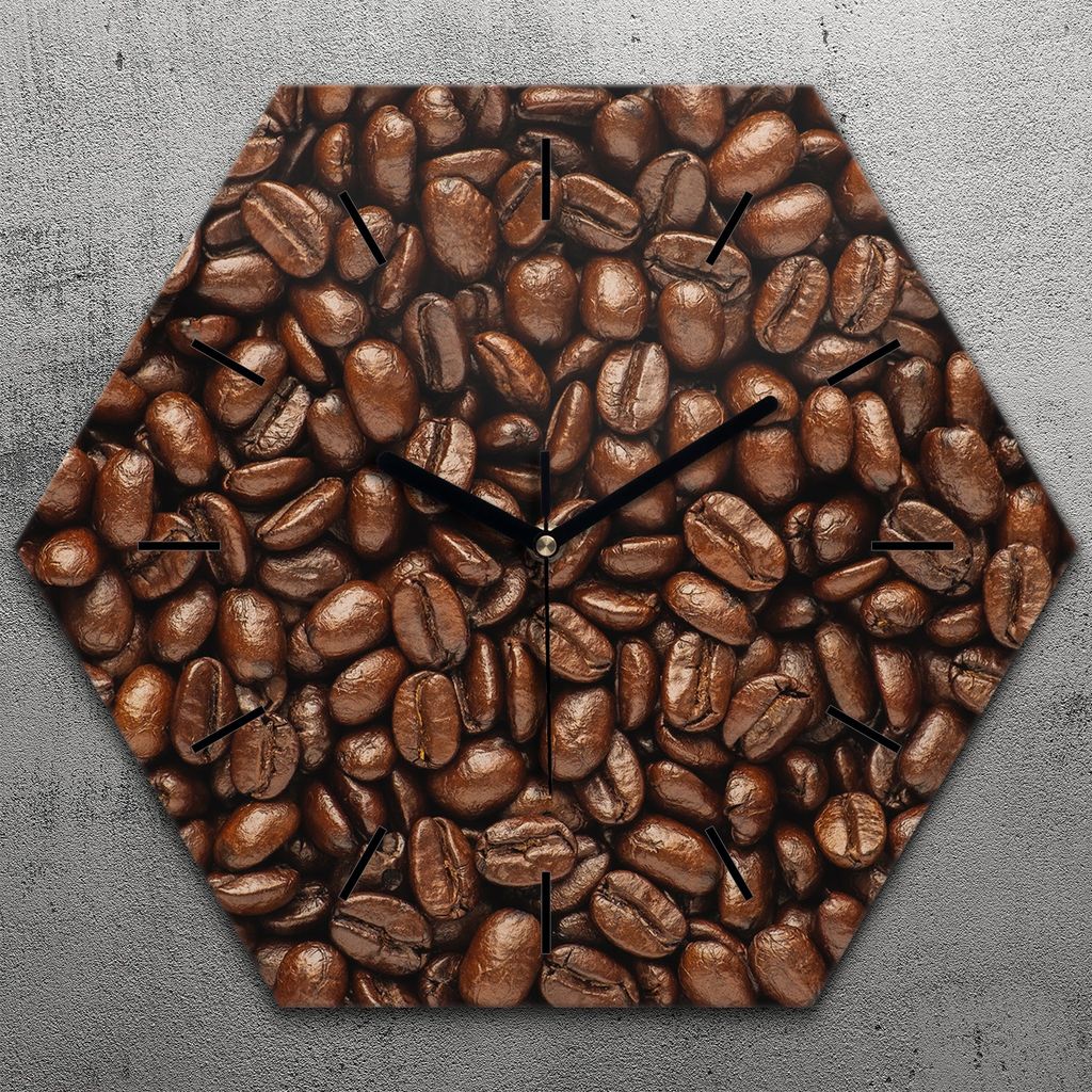 Uhr hexagonal 40 cm Glas Geräuschlos schwarze Zeiger - Kaffee Coffee Bohnen