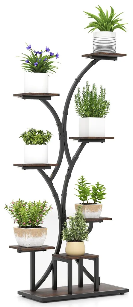 Étagère à fleurs en métal et bois avec éclairage horticole intégré