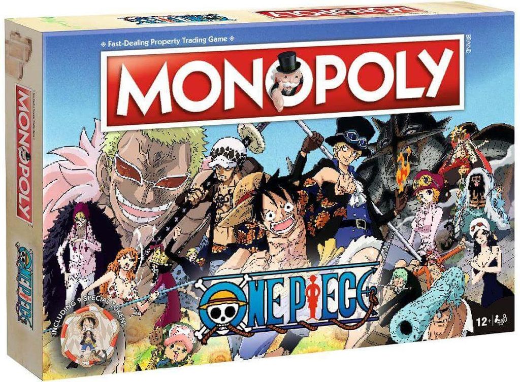 The image shows the box of the Monopoly One Piece board game, featuring characters from the anime.