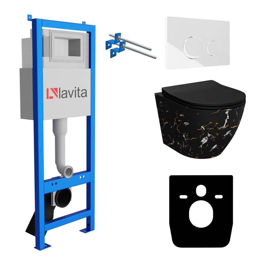 Lavita LAV 101 Vorwandelement für WC 40cm + Wand Hänge Tiefspül WC SOFI SLIM FIRE Schwarz Spülrandlos + Bedienplatte LAV 200.4.1 Weiß | Kompl...
