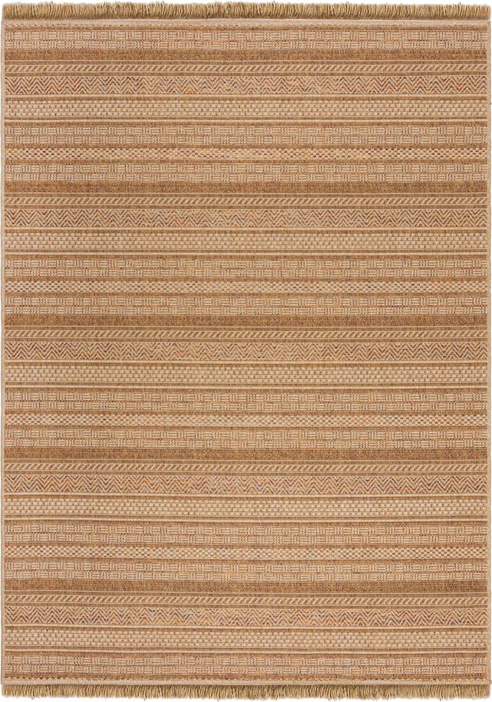Outdoor Teppich Flachgewebe Boho Streifen Jute-Optik, Balkon schmutzabweisend Ocker Rechteckig 200x290 | 100% Polypropylen