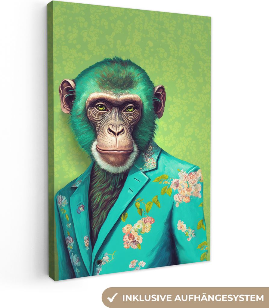 OneMillionCanvasses - Leinwandbilder - 90x140 cm, Affe - Colbert - Blumen - Neon - Porträt, Wandbilder Kunstdruck Wanddekoration - Foto auf Lein...