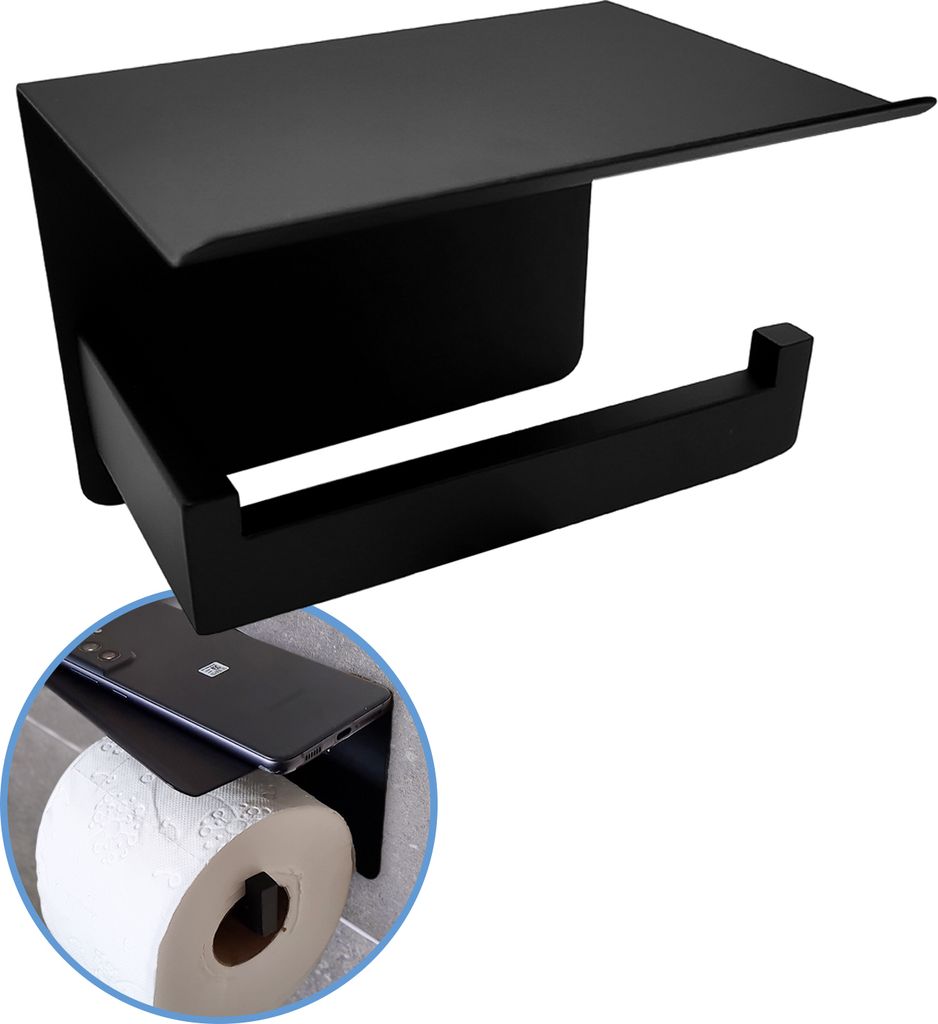 Sanics WC-Rollenhalter Schwarz - Toilettenpapierhalter ohne Bohren - Toilettenpapierhalter mit Ablage - Selbstklebend - Edelstahl