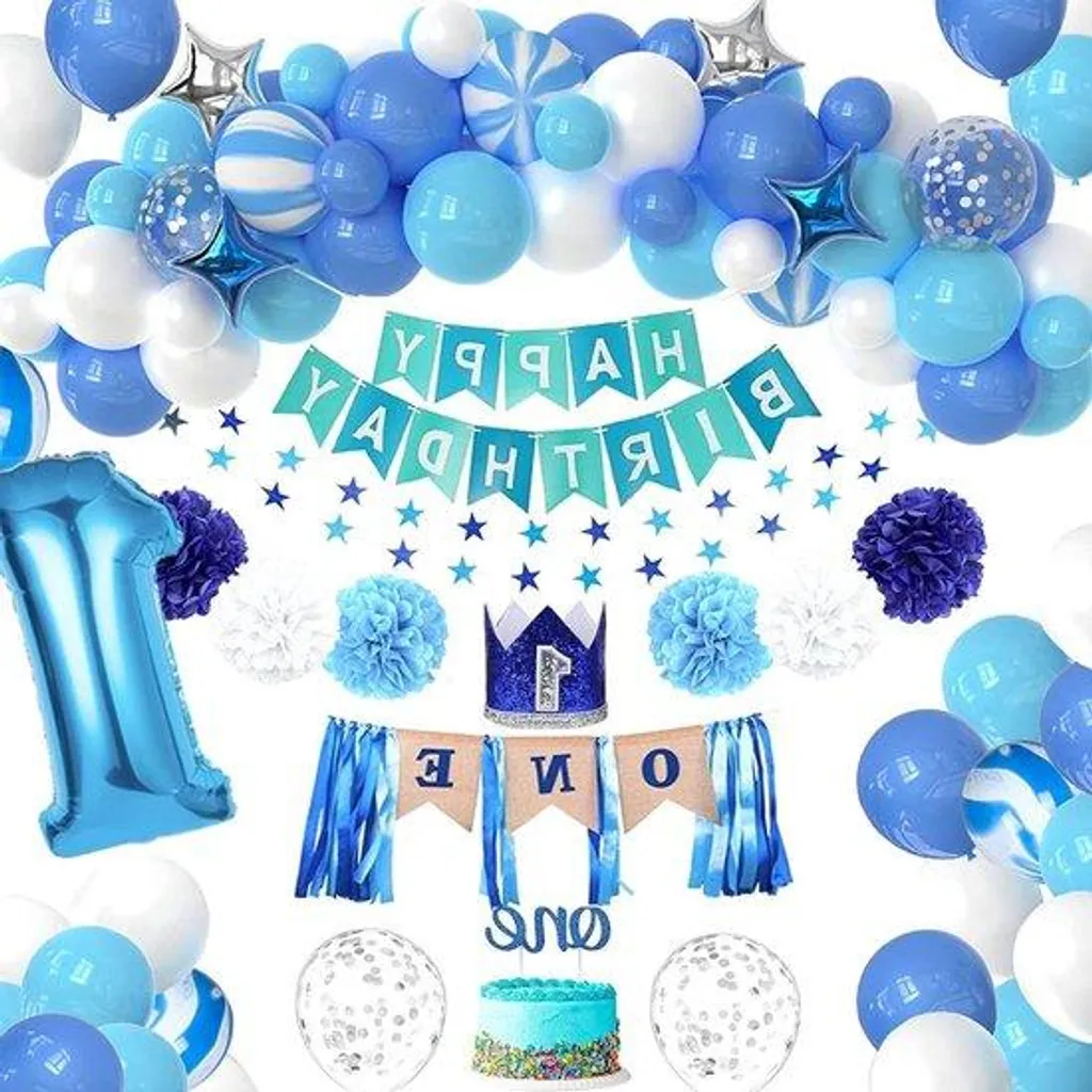 Ballon Chiffre 1 Bleu en Carton et Voile Blanc - Déco Anniversaire Garçon