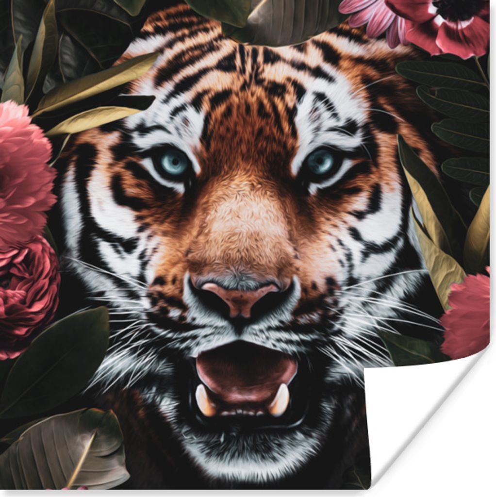 MuchoWow Poster Tiger - Blumen - Dschungel 75x75 cm - Wand Dekoration