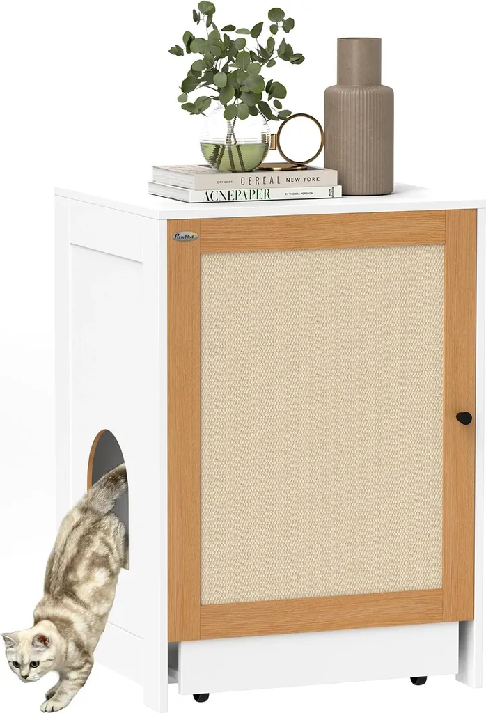 Armoire à litière design bois avec compartiments et tapis à griffer