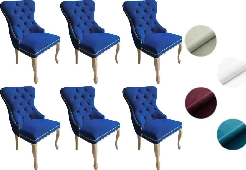 Chesterfield Stuhl MADAME 2 (6 Stück) – eleganter Polsterstuhl im Glamour-Stil, Samt Dunkelblau, Holzbeine in hellem Rustikal-Finish, Komfortsitz