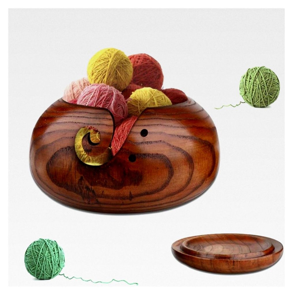 Garnschale aus Holz, Multifunktionale Handgefertigte Garn-Aufbewahrungsschüssel mit Abnehmbarem Deckel und Geschnitzten Löchern für Stricken und...