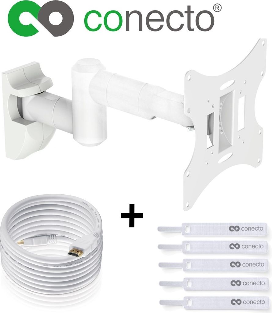 conecto LCD LED TV Fernseher Wandhalterung neigbar, schwenkbar und ausziehbar für 10-42 Zoll, weiß, inkl. GRATIS HDMI-Kabel und Klett-Kabelbinder