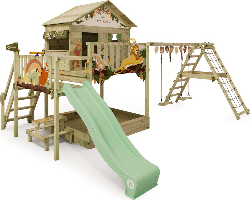 WICKEY Spielturm Disney Der König der Löwen Saga mit Schaukel & Rutsche, Stelzenhaus mit Sandkasten, Kletterleiter & Spiel-Zubehör