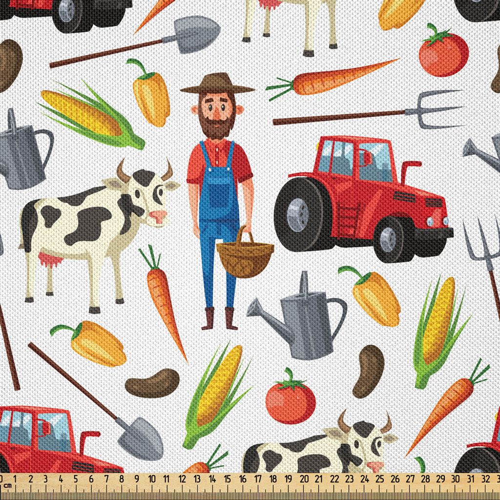 ABAKUHAUS Bauernhof Satin Stoff als Meterware, Gärtner Landwirtschaft Traktor-Mais-Feld Kuh Karotte Gemüse Bauernhof Kartoffel Kinder, 10 M (148 ...