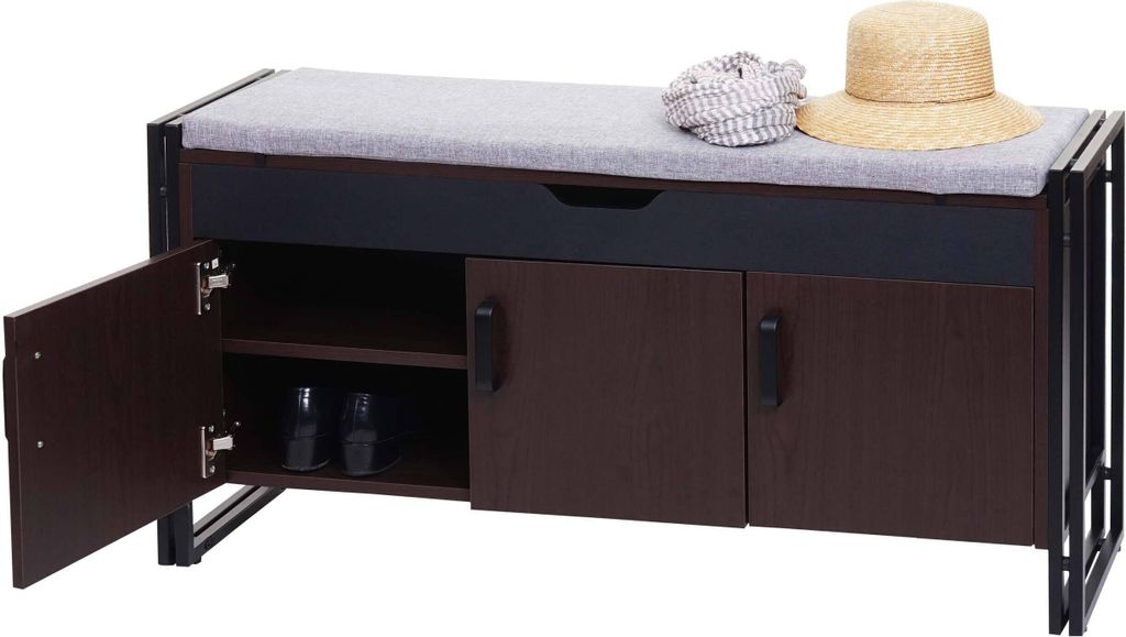 Schuhkommode mit Sitzmöglichkeit HWC-A27, Kommode Bank mit Kissen, 53x110x30cm 3D-Struktur Metall dunkelbraun