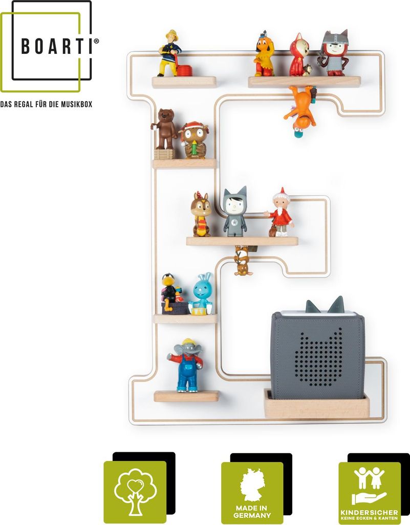 BOARTI Kinderregal Buchstabe E | hängend für Toniebox und Tonie Figuren | platzsparendes Regal | H. 54 x B. 38 x T. 19 | Wandregal Musikbox und F...