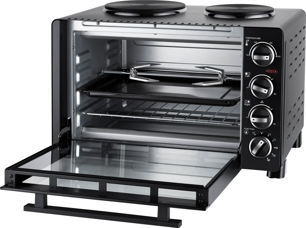 Unold 68885 Kleinküche All-in-one-Minibackofen mit Kochplatten zum Kochen, Grillen und Backen, Gesamtleistung 1500 W, ca. 30 Liter