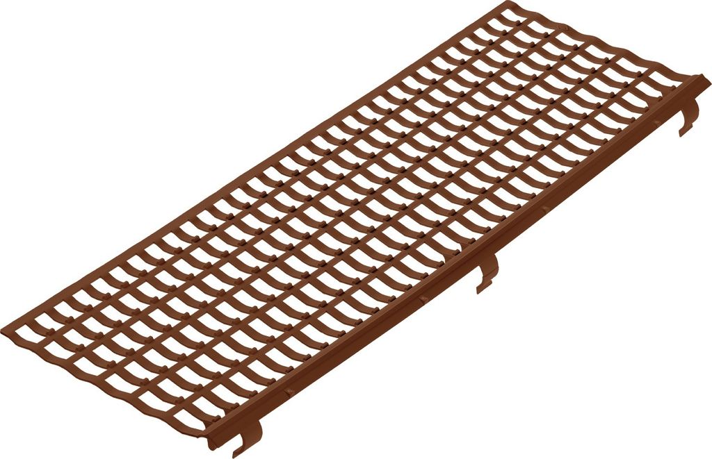 A brown plastic leaf guard grate, shown from a diagonal angle against a white background.