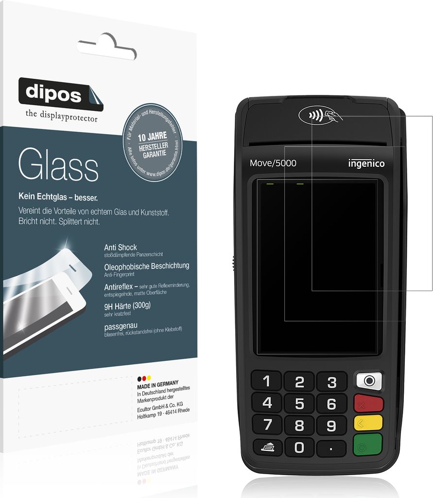 2x Schutzfolie für Ingenico Move 5000 matt - Anti-Shock 9H Folie dipos Glass Kunststoffglas