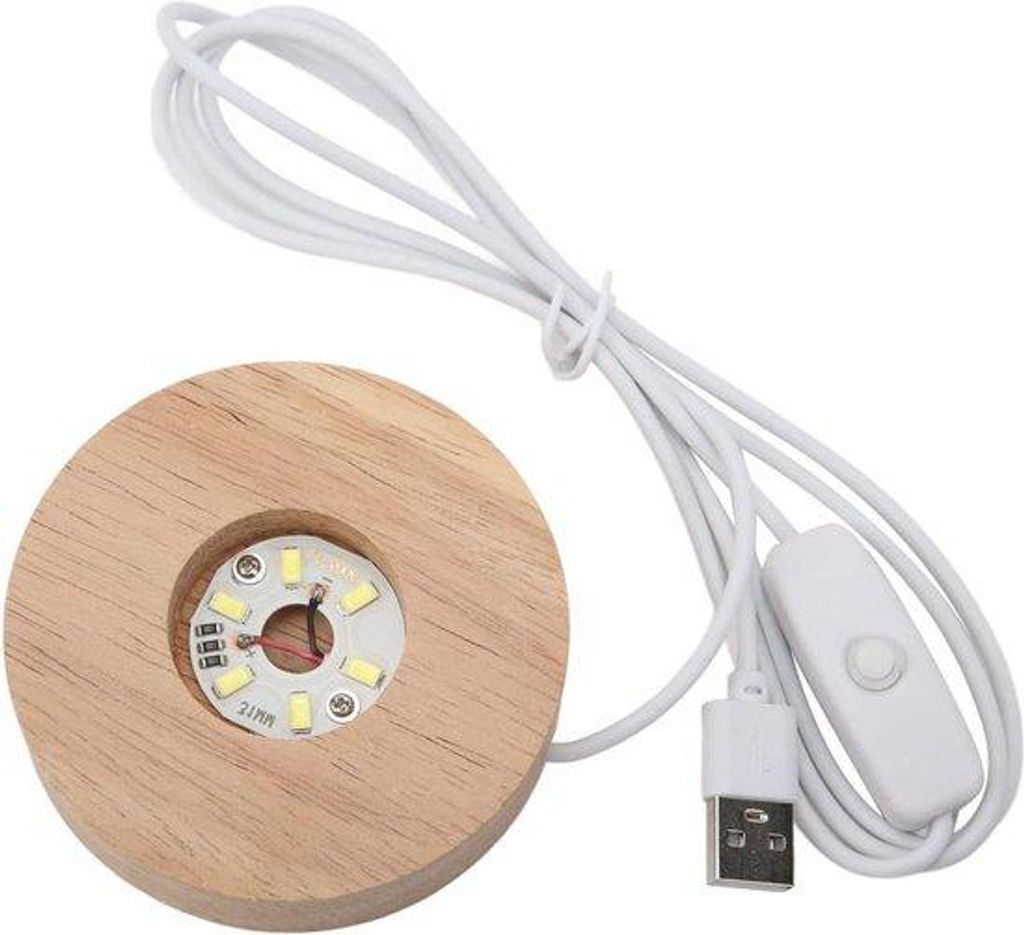 LED-Displaybasis aus Holz mit Kristallen und Glas - 8cm - Weißes Licht