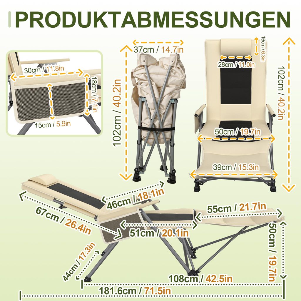 UISEBRT Creme Gepolsterter klappbarer Liegestuhl Outdoor, verstellbare Rückenlehne, stabiler Stahlrahmen für Garten und Freizeit
