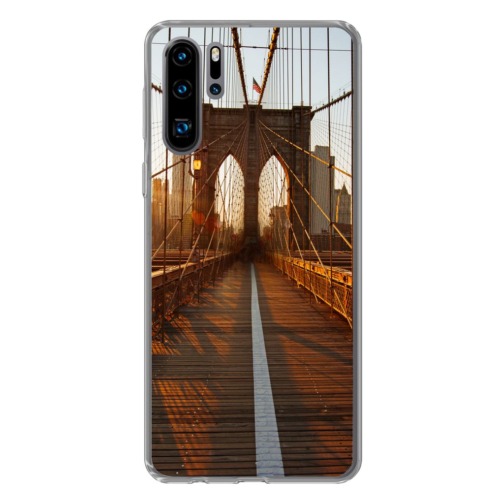 MuchoWow Handyhülle Schutzhülle Hülle für Huawei P30 Pro Brooklyn Bridge in New York bei Sonnenuntergang Silikon Softcase Handy Hülle - Schu...