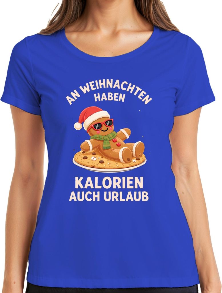 Lebkuchenmann Weihnachten Kalorien Urlaub Sonnenbrille Lustig Damen T-Shirt, Blau, S