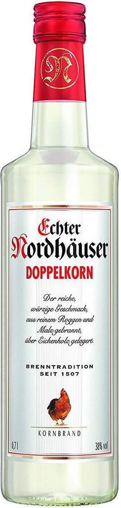 A clear product shot of a bottle of Echter Nordhäuser Doppelkorn.