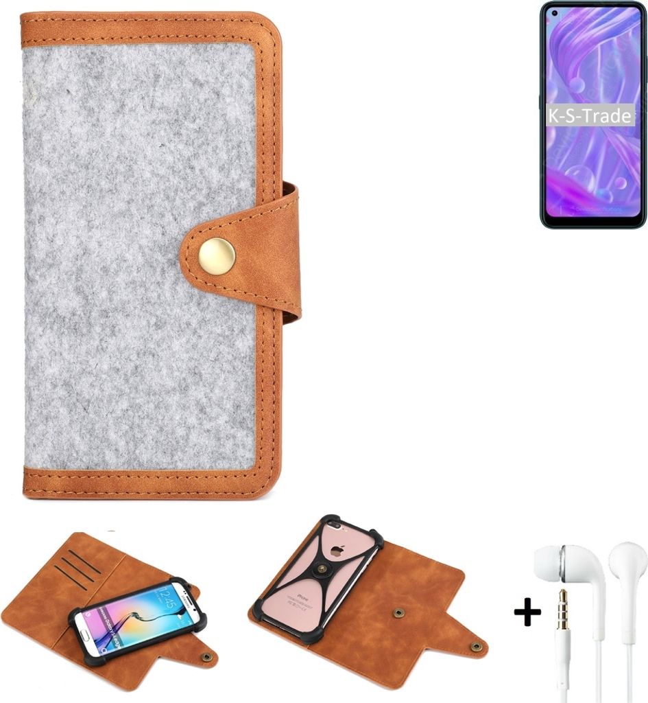 K-S-Trade Handyhülle + Kopfhörer kompatibel mit HiSense Infinity H50 Lite Schutzhülle Filz Hülle Kunstleder hellgrau braun (1x)