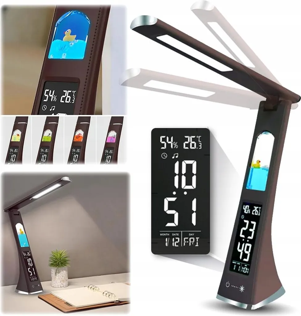 Lampe horloge LED pliable marron avec écran LCD et motifs décoratifs