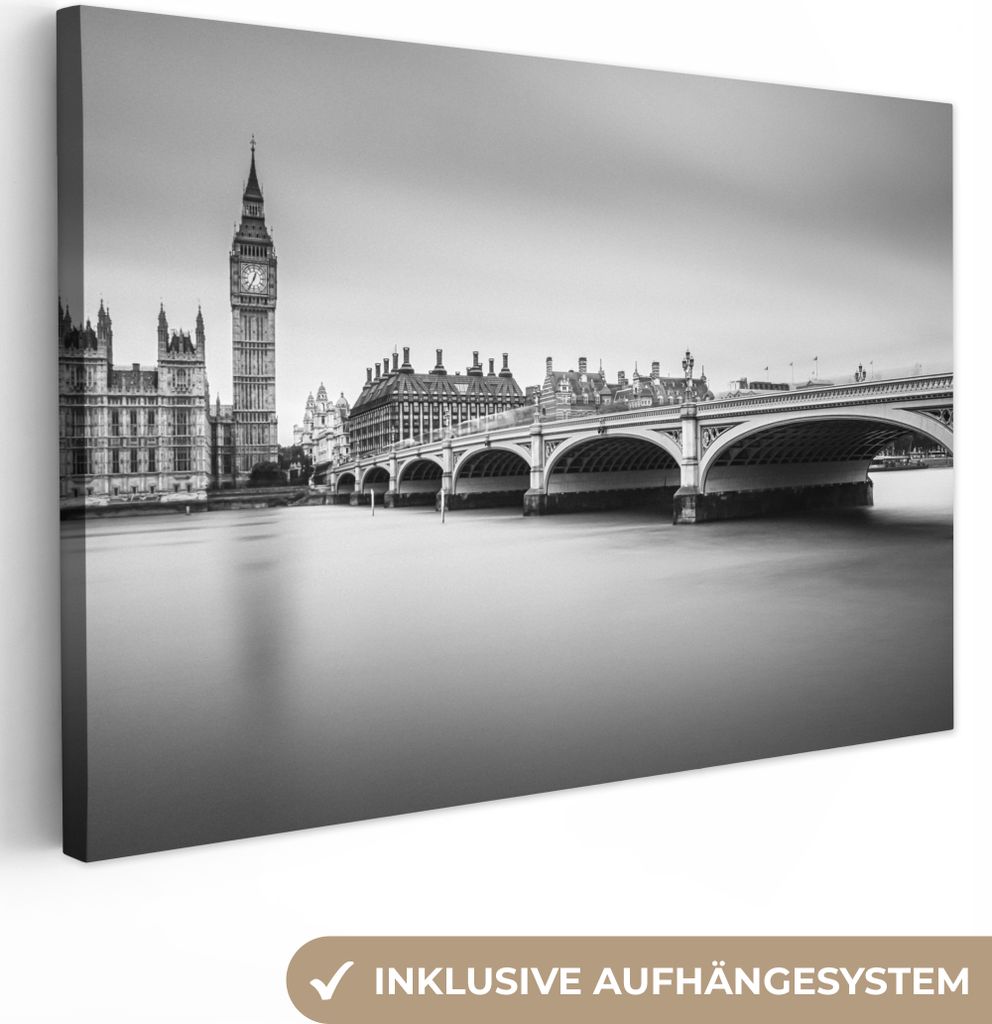 OneMillionCanvasses - Leinwandbilder - 140x90 cm, London - Big Ben - Wasser - Skyline - Schwarz und weiß, Wandbilder Kunstdruck Wanddekoration -...