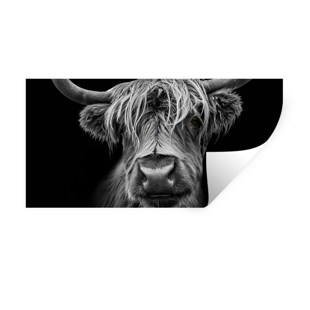 MuchoWow Wandtattoo Wandsticker Wandaufkleber Schottischer Highlander - Hörner - Schwarz - Weiß - Kuh - Wild - Tiere 120x60 cm Selbstklebend un...