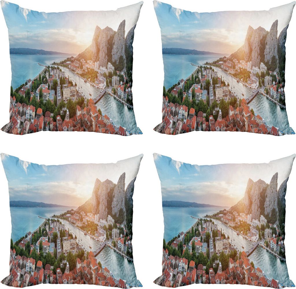 ABAKUHAUS Kroatien Kissenbezug Set (4 Stück), Alte Küstenstadt Omis Dämmerung, Moderner Doppelseitiger Digitaldruck, 40 cm x 40 cm, Mehrfarbig