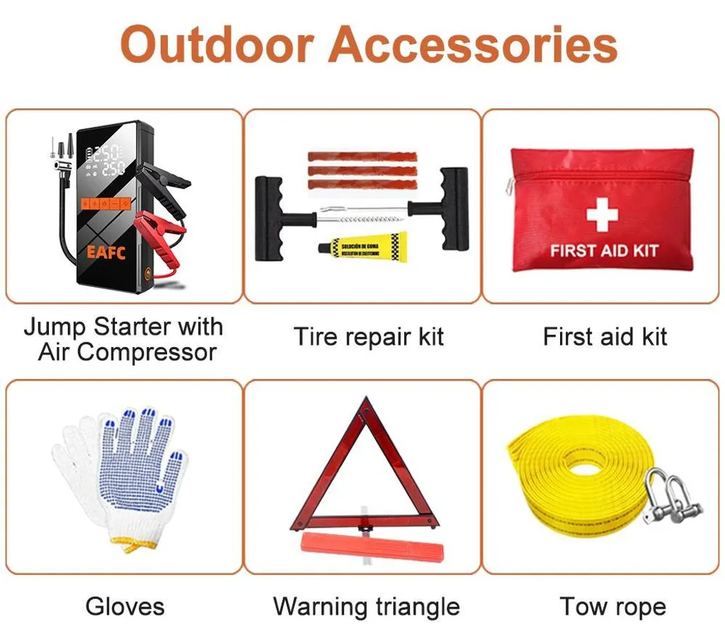 Trousse de Secours de Route Polyvalente avec Kit de Réparation Pneus