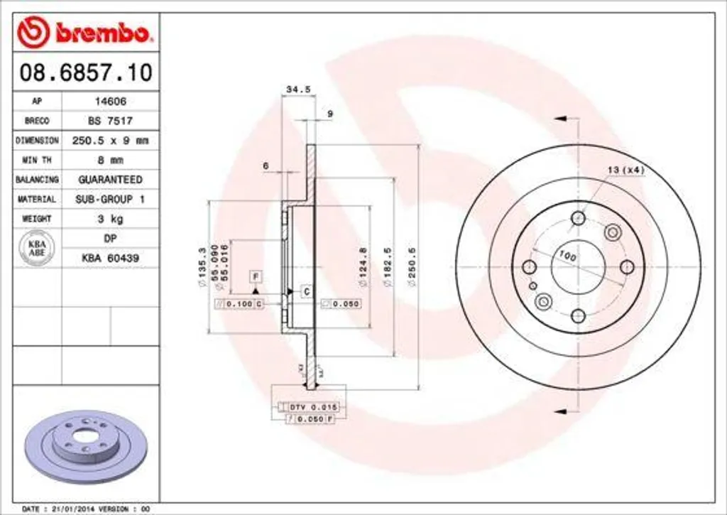 Disque de frein pour rénovation mécanique de Mazda MX-5 Brembo 251mm