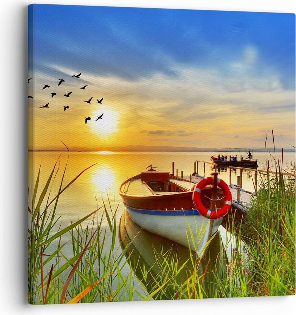 Bild auf Leinwand - Leinwandbild - Boot See Sonnenuntergang Sommer Menschen - 30x30cm - Wand Bild - Wanddeko - Leinwanddruck - Bilder - Kunstdruck ...