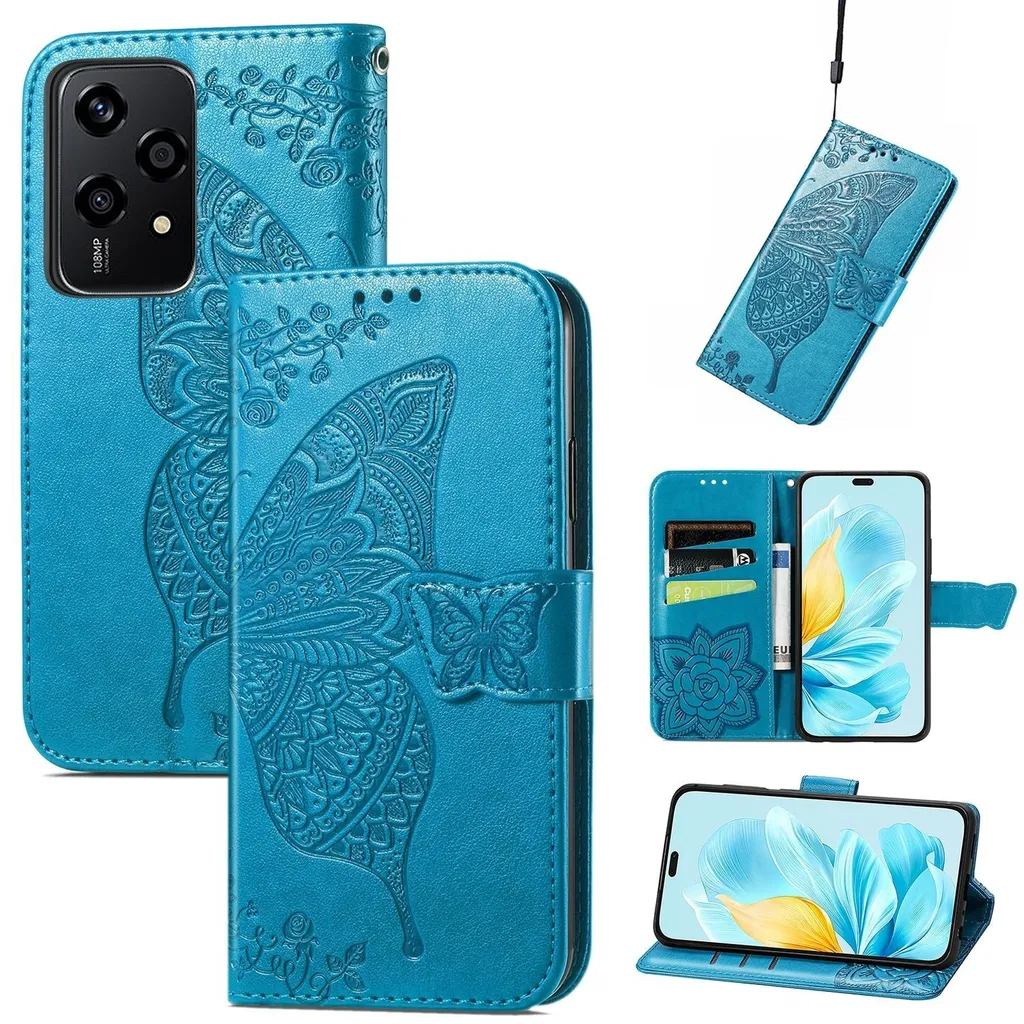 Per Honor 200 Lite Custodia a portafoglio in Pelle finta per cellulare Custodia con design a farfalla Custodie blu