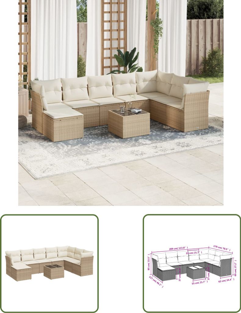 The Living Store 9-tlg. Garten-Sofagarnitur mit Kissen Beige Poly Rattan