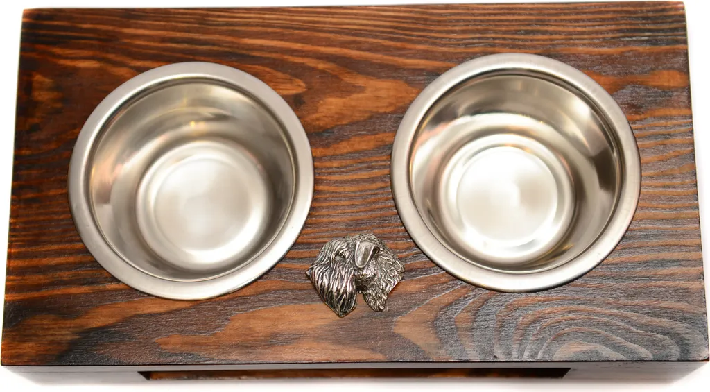 Soft-coated Wheatan Terrier - Supporto in legno con ciotole per cani, ciotole in acciaio inossidabile, regalo per l'adozione di un cane del marchio Art-Dog
