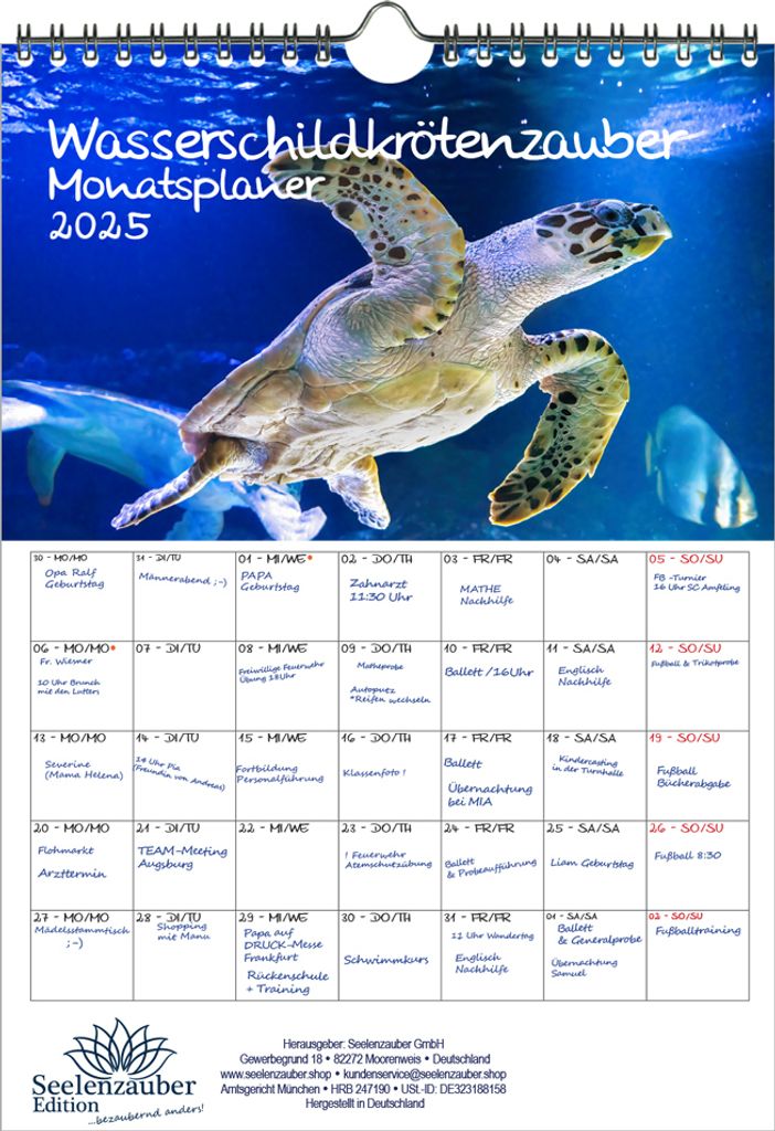 Wasserschildkrötenzauber Planer DIN A4 Kalender für 2025 Wasserschildkröten - Seelenzauber