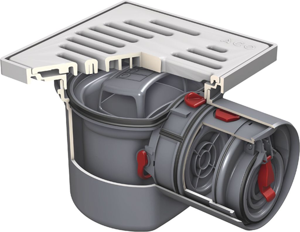 A cutaway view of a floor drain with a backflow preventer.