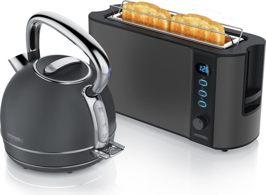 Arendo Frühstücks-Set Edelstahl, Wasserkocher mit Temperatureinstellung 1,7l, 2 Scheiben Langschlitztoaster, Toaster 2 Scheiben, Vintage Wasserko...