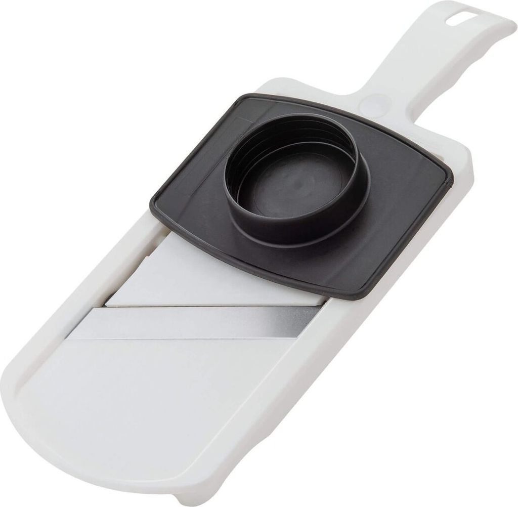 Fackelmann Dick-/Dünnschneider mit Restehalter, Gemüseschneider mit zweiseitiger Edelstahl-Klinge, hochwertiger Gemüsehobel (Farbe: Weiß/Schwarz)