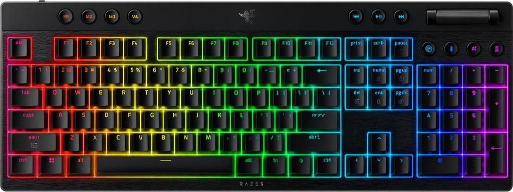 Razer BlackWidow V4 Low-Profile HyperSpeed, Volle Größe (100%), Verkabelt & Kabellos, USB + RF Wireless + Bluetooth, Mechanischer Switch, Schwarz