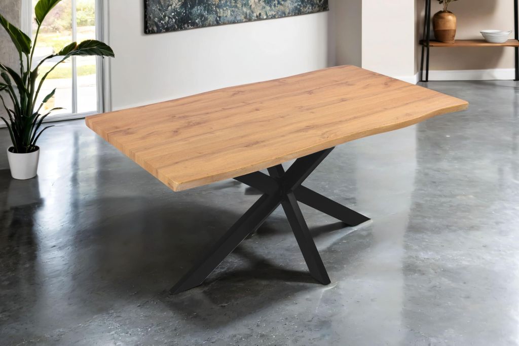 Esstisch Josy | 160 x 85 cm | Holz Wildeiche-Optik | Spider-Gestell Metall schwarz | 40 mm Tischplatte mit Baumkante | Tisch für Esszimmer & Küche