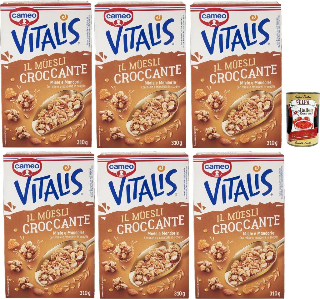 Cameo Vitalis Miele e Mandorle, Müsli knusprige getrocknete Honig und Mandeln Hafer Mandeln Anacardi Haselnüsse und Pekannusswalnüsse, 6x 310 g ...