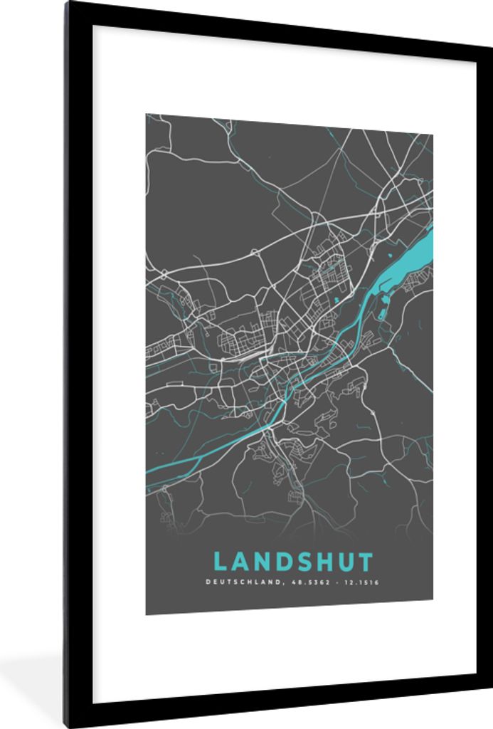 MuchoWow Gerahmtes Poster Deutschland - Blau - Landshut - Stadtplan - Karte 60x90 cm - Poster mit Schwarzem Bilderrahmen Wandposter Rahmen Foto B...