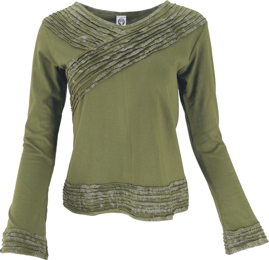 Langarmshirt Boho-chic, Hare Krishna Mantra Shirt - Olivgrün, Damen, Baumwolle, Größe: S