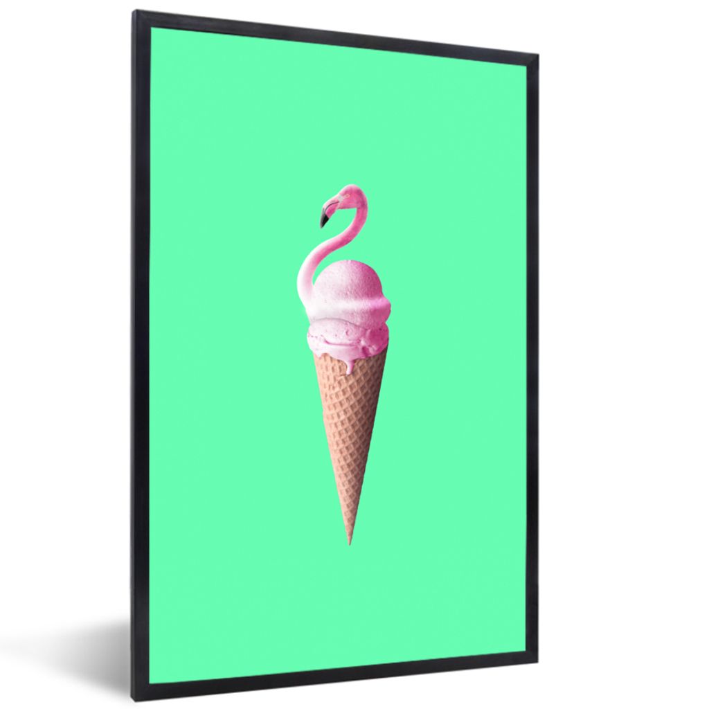 MuchoWow Gerahmtes Poster Eistüten - Eiscreme - Flamingo - Rosa - Grün 20x30 cm - Poster mit Schwarzem Bilderrahmen Wandposter Rahmen Foto Bild...