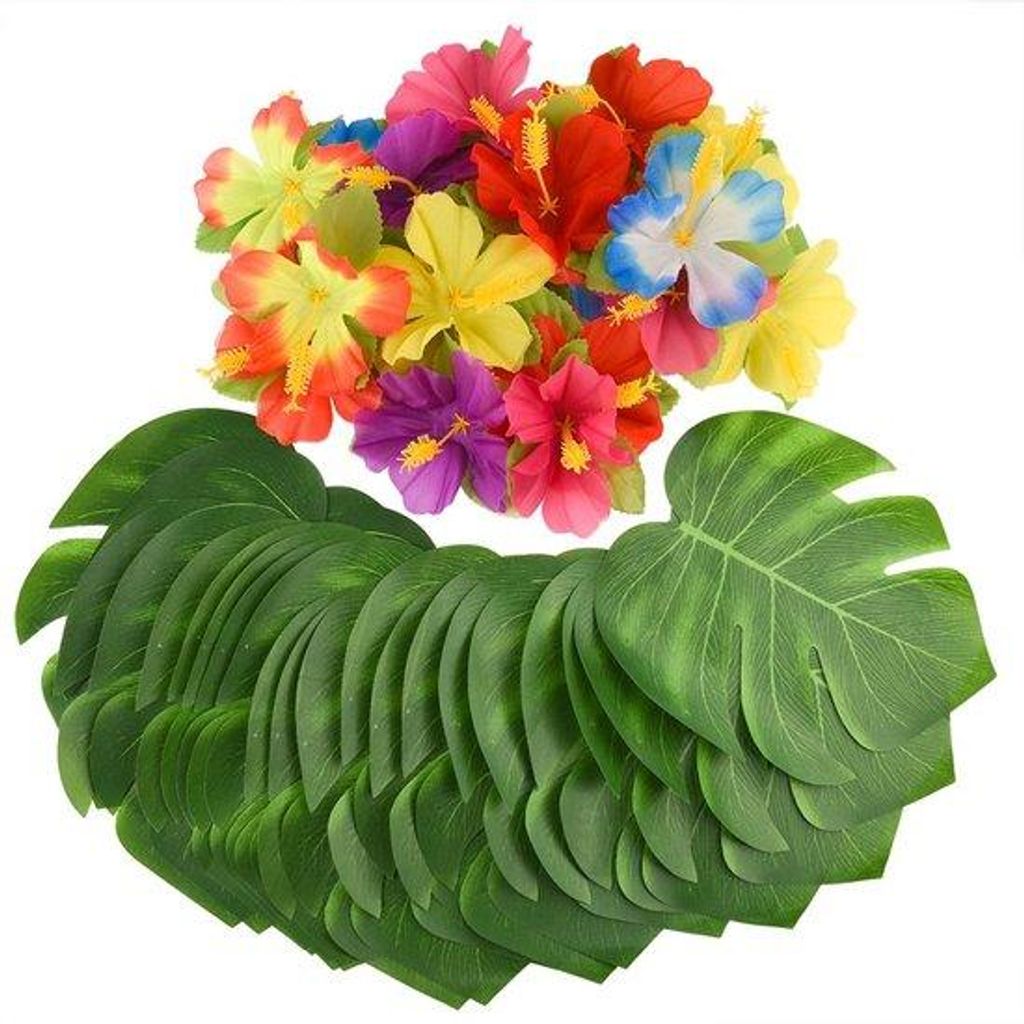 Kunststoff 60 Stück tropische Tischdekorationen, 8" Palmblätter und Hibiskusblumen, Monstera-Blätter, Hawaiiaans Luau-Feierungsdekoration, Stran...