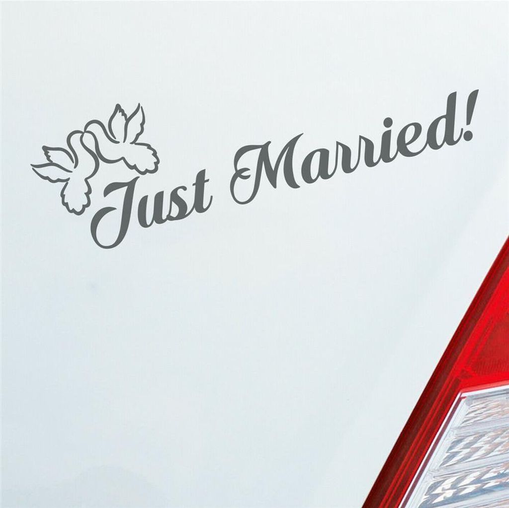 Auto Aufkleber Just Married! Tauben Vögel Liebe Hochzeit Heiraten 19x6 cm Grau Sticker Heckscheibenaufkleber