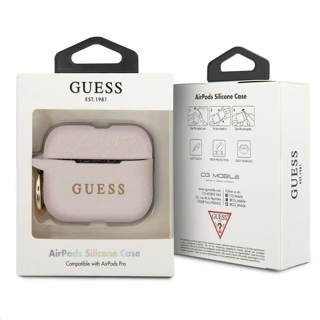 Guess Cover AirPods Pro Rosa Glitter - Protezione Silicone con Gancio - 6